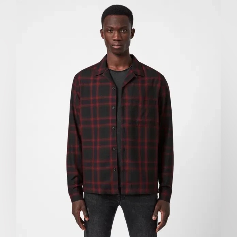 AllSaints Red and Black Plaid Shirt Jacket